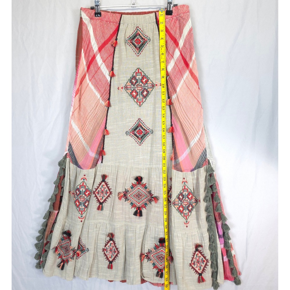 Soft Surroundings Boho Artisan Maxi Skirt S Embroidered Tassel Gauzy Aztec - Picture 3 of 12